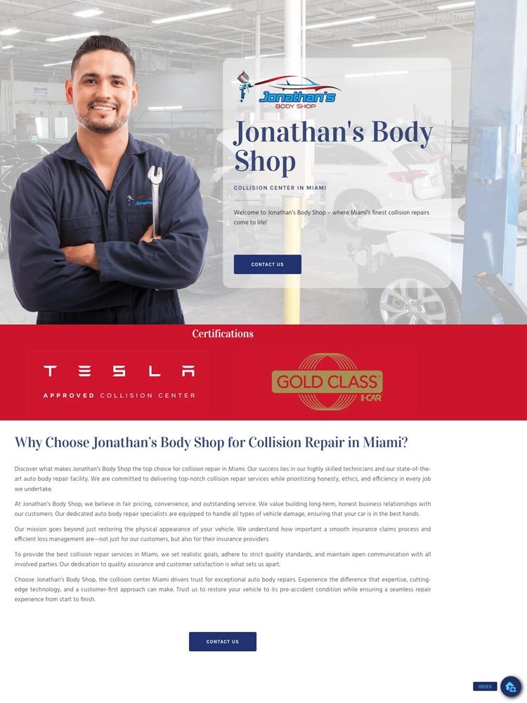 Jonathan's Body Shop — homepage with hero, certifications strip, and intro copy